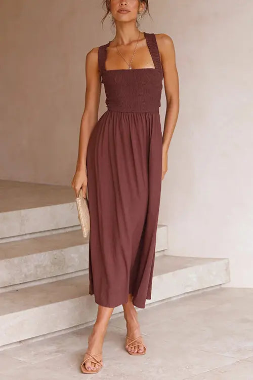 Elastic Shirred Bodice Cross Back Pocket Dress - Fashionpara