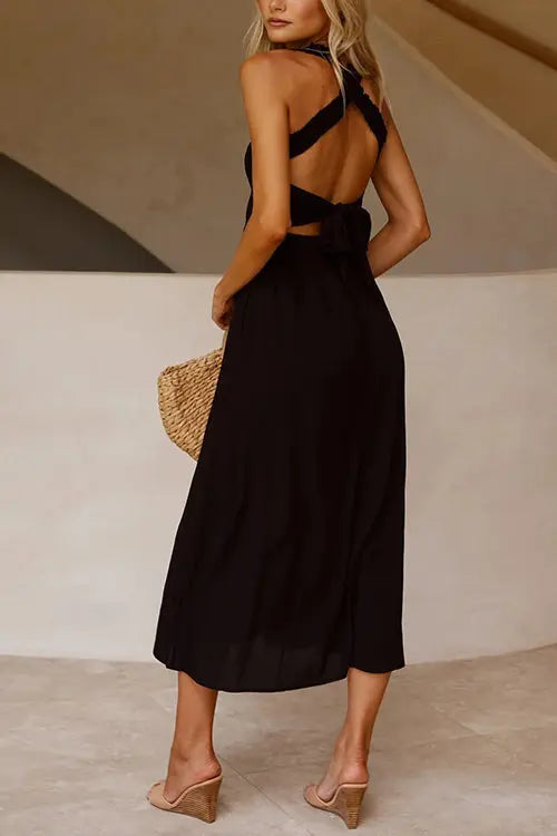 Elastic Shirred Bodice Cross Back Pocket Dress - Fashionpara