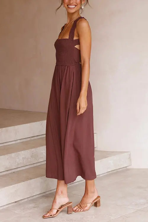 Elastic Shirred Bodice Cross Back Pocket Dress - Fashionpara