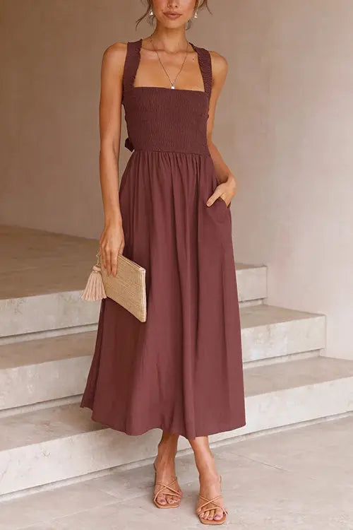 Elastic Shirred Bodice Cross Back Pocket Dress - Fashionpara