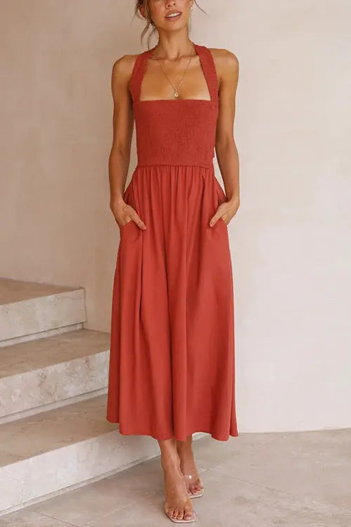 Elastic Shirred Bodice Cross Back Pocket Dress - Fashionpara