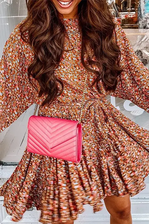 Floral Long Sleeve Belted Mini Dress - Fashionpara