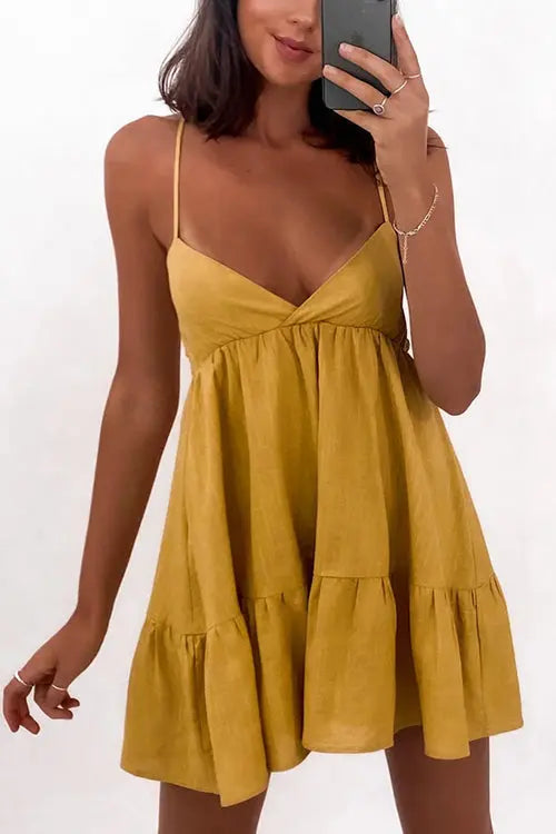 V Neck Backless Slip Mini Dress - Fashionpara