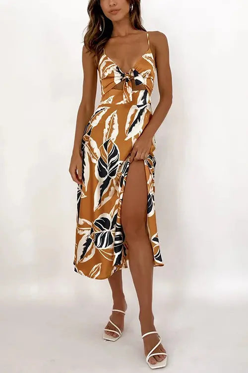 Tie Cut Out Slip Slit Dress - Fashionpara