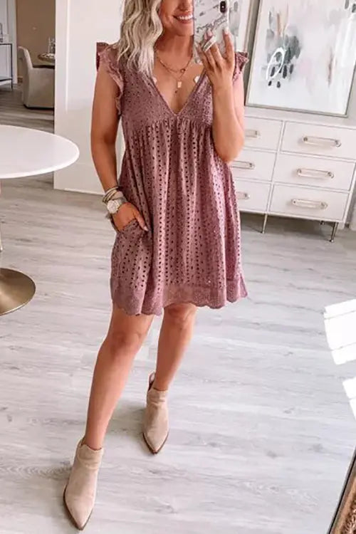 Embroidery Ruffle Trim Smock Dress - Fashionpara