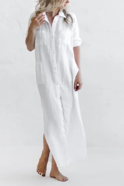 Linen Button Pockets Shirt Maxi Dress - Fashionpara