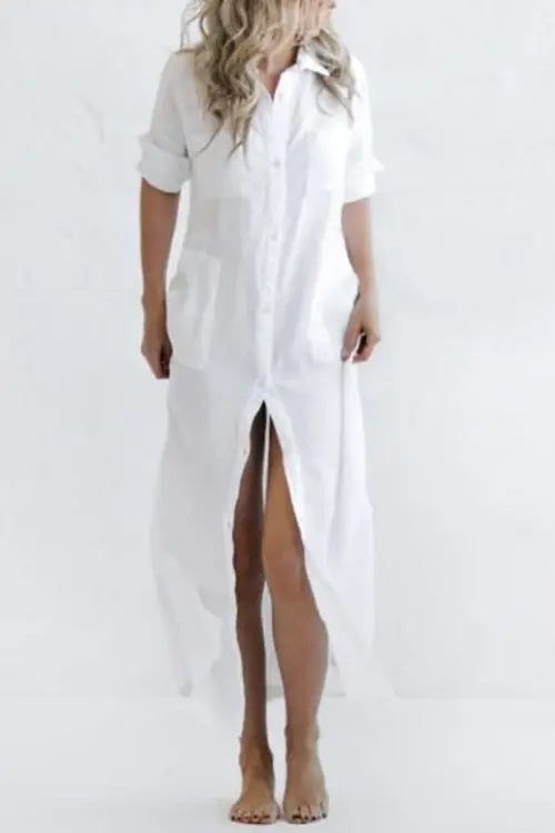 Linen Button Pockets Shirt Maxi Dress - Fashionpara