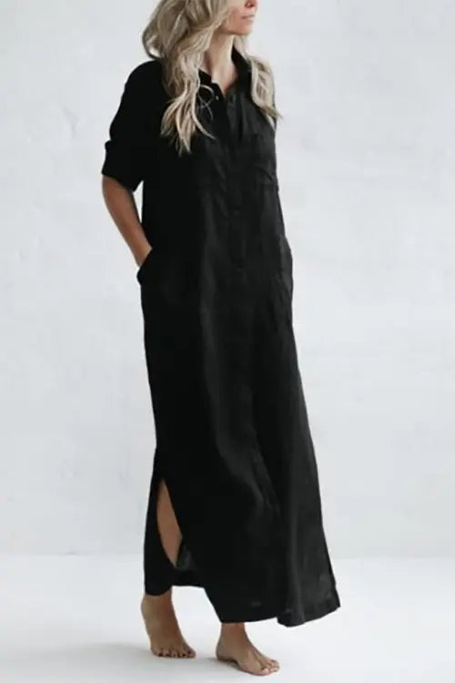 Linen Button Pockets Shirt Maxi Dress - Fashionpara