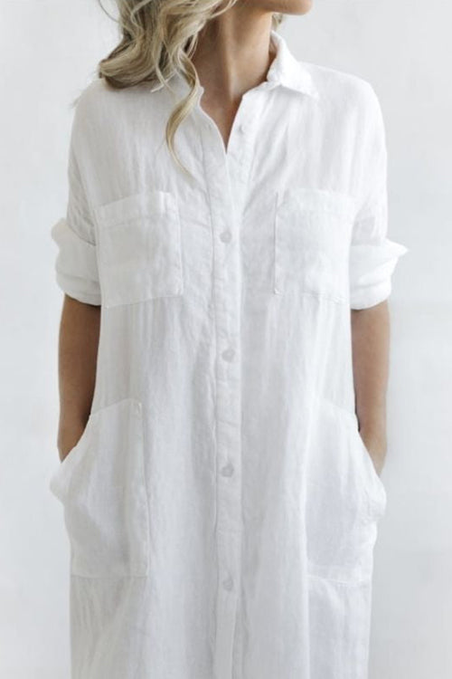 Linen Button Pockets Shirt Maxi Dress - Fashionpara