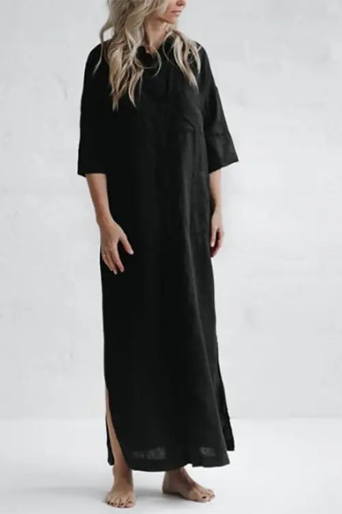 Linen Button Pockets Shirt Maxi Dress - Fashionpara