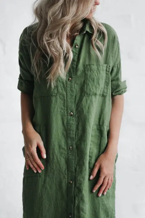 Linen Button Pockets Shirt Maxi Dress - Fashionpara