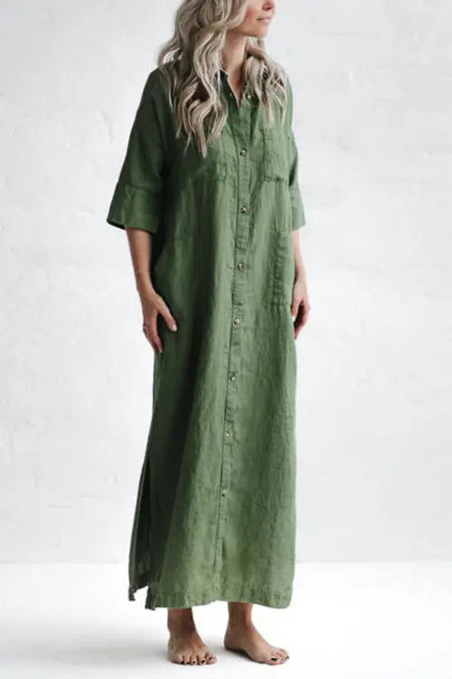 Linen Button Pockets Shirt Maxi Dress - Fashionpara