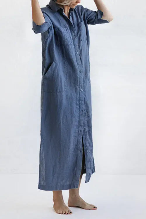 Linen Button Pockets Shirt Maxi Dress - Fashionpara