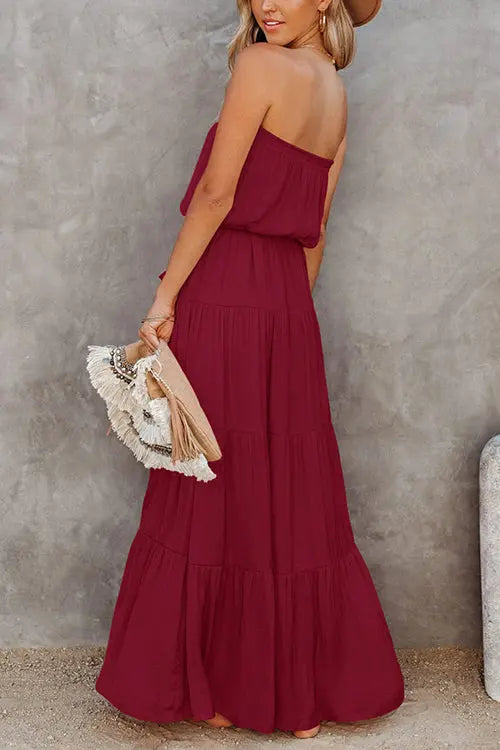 Strapless Belted Maxi Dress - Fashionpara