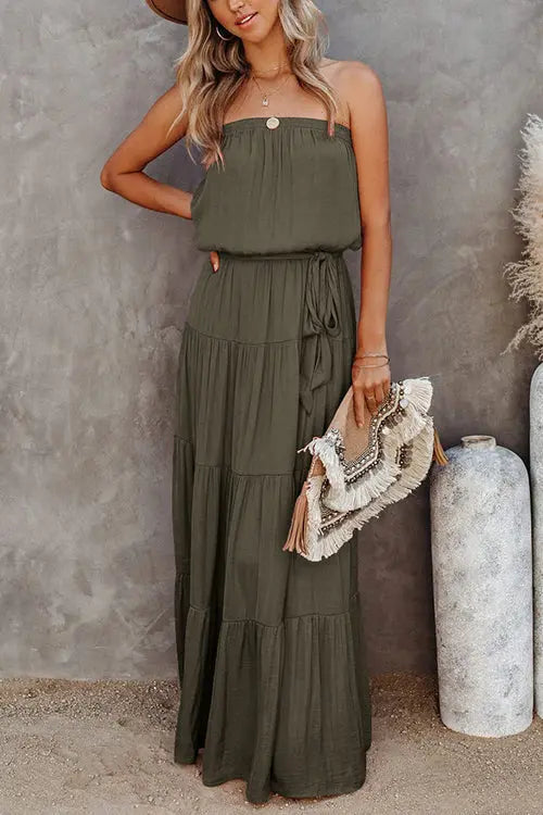 Strapless Belted Maxi Dress - Fashionpara