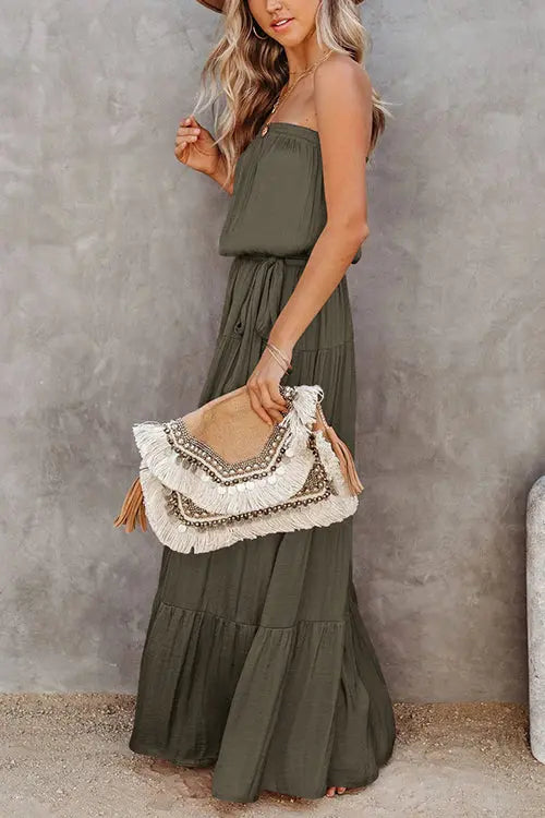 Strapless Belted Maxi Dress - Fashionpara