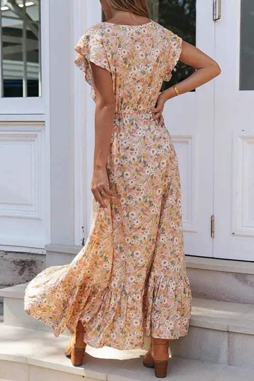 Button Ruffles Floral Drawstring Maxi Dress - Fashionpara