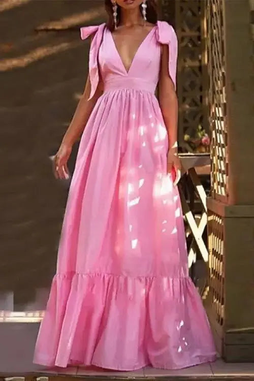 Tie Straps V Neck Tiered Ruffles Maxi Dress - Fashionpara