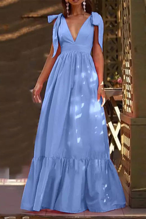 Tie Straps V Neck Tiered Ruffles Maxi Dress - Fashionpara