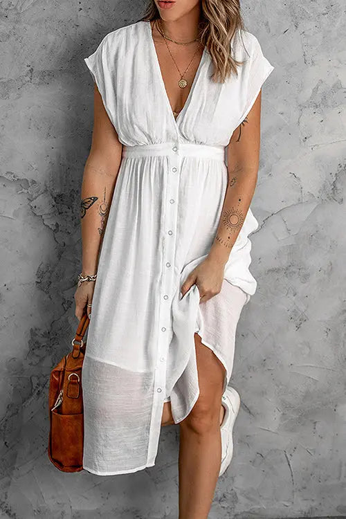 Button V Neck Midi Dress - Fashionpara