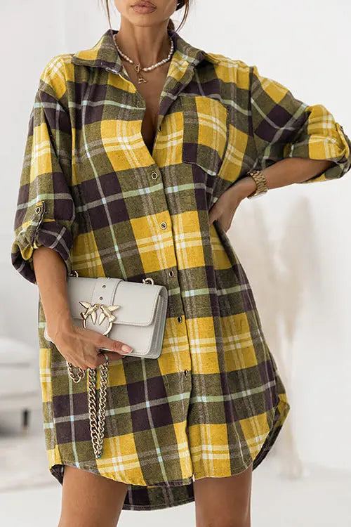 Oversized Plaid Button Shirt Dress - Fashionpara