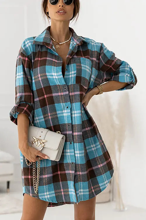 Oversized Plaid Button Shirt Dress - Fashionpara