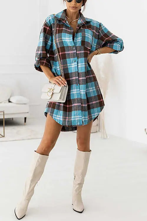 Oversized Plaid Button Shirt Dress - Fashionpara
