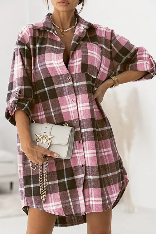 Oversized Plaid Button Shirt Dress - Fashionpara