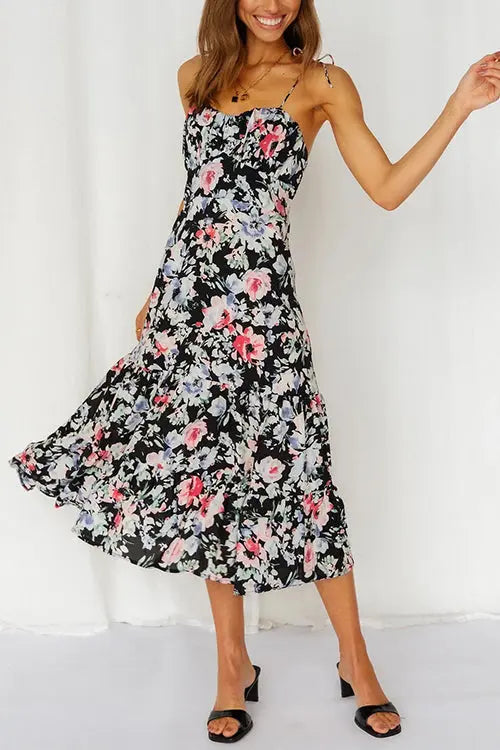 Floral Tie Straps Ruffles Midi Dress - Fashionpara
