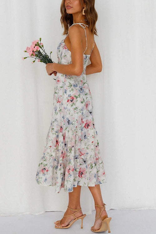 Floral Tie Straps Ruffles Midi Dress - Fashionpara