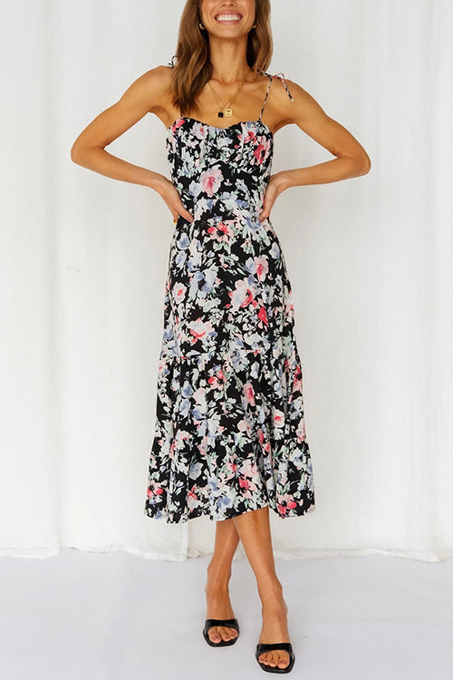 Floral Tie Straps Ruffles Midi Dress - Fashionpara