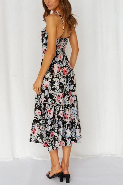 Floral Tie Straps Ruffles Midi Dress - Fashionpara