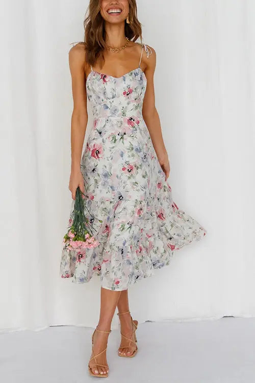 Floral Tie Straps Ruffles Midi Dress - Fashionpara