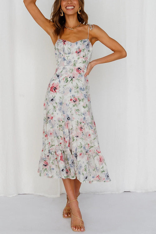 Floral Tie Straps Ruffles Midi Dress - Fashionpara