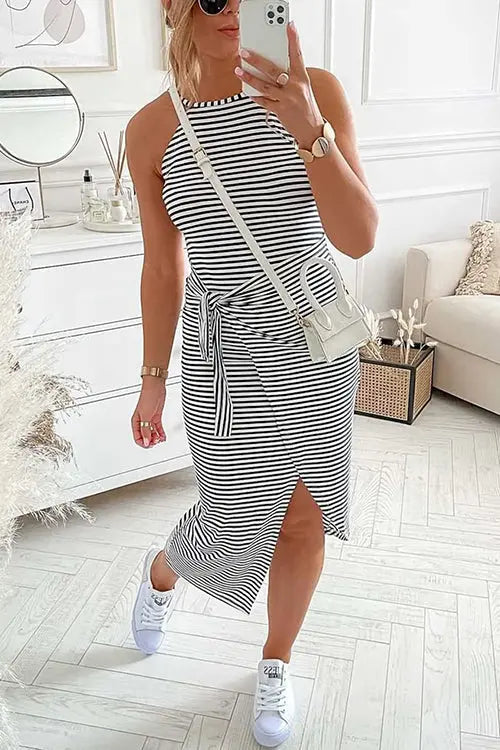 Striped Wrap Tie Asymmetric Halter Midi Dress - Fashionpara