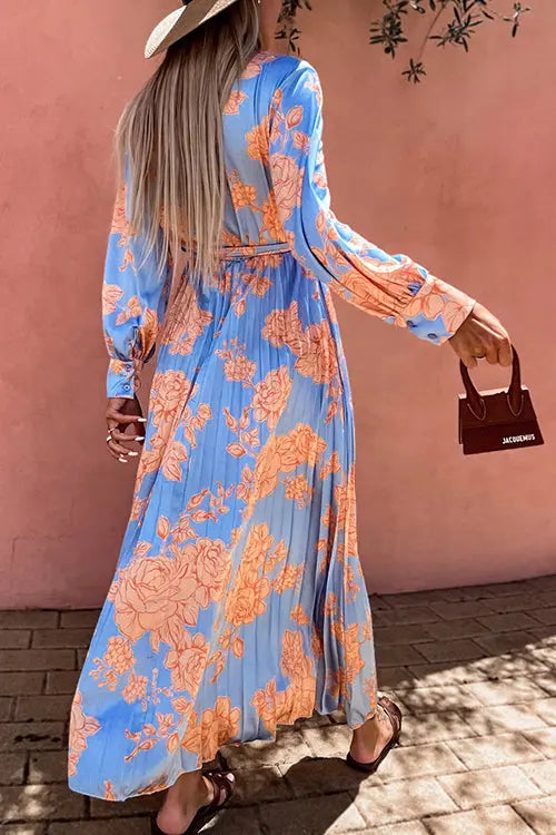 Floral Belted Long Sleeve Maxi Dress - Fashionpara