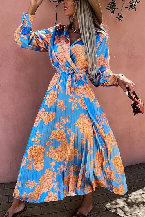 Floral Belted Long Sleeve Maxi Dress - Fashionpara