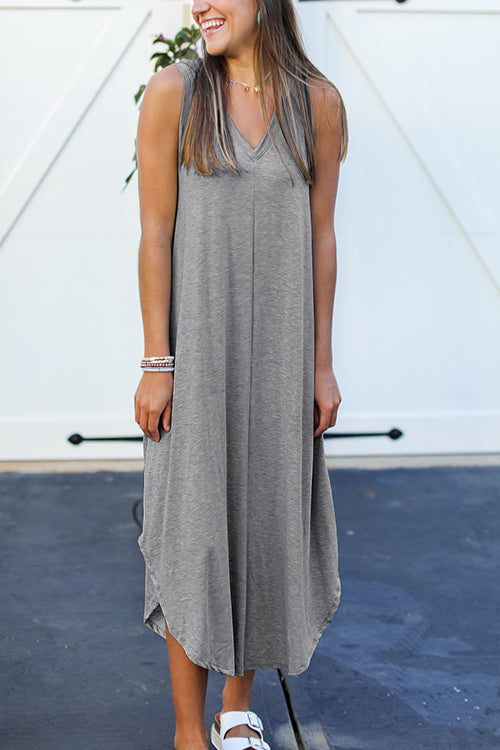 I THINK NOT V Neck Tank Midi Dress - Fashionpara