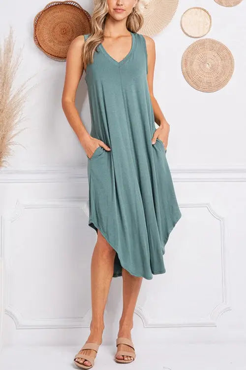 I THINK NOT V Neck Tank Midi Dress - Fashionpara