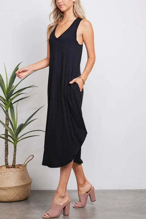 I THINK NOT V Neck Tank Midi Dress - Fashionpara