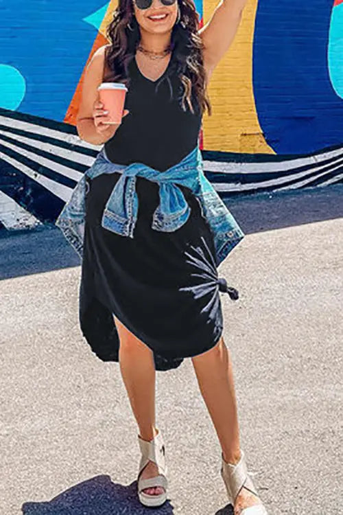 I THINK NOT V Neck Tank Midi Dress - Fashionpara