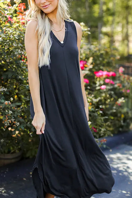 I THINK NOT V Neck Tank Midi Dress - Fashionpara