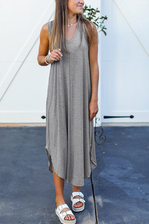 I THINK NOT V Neck Tank Midi Dress - Fashionpara