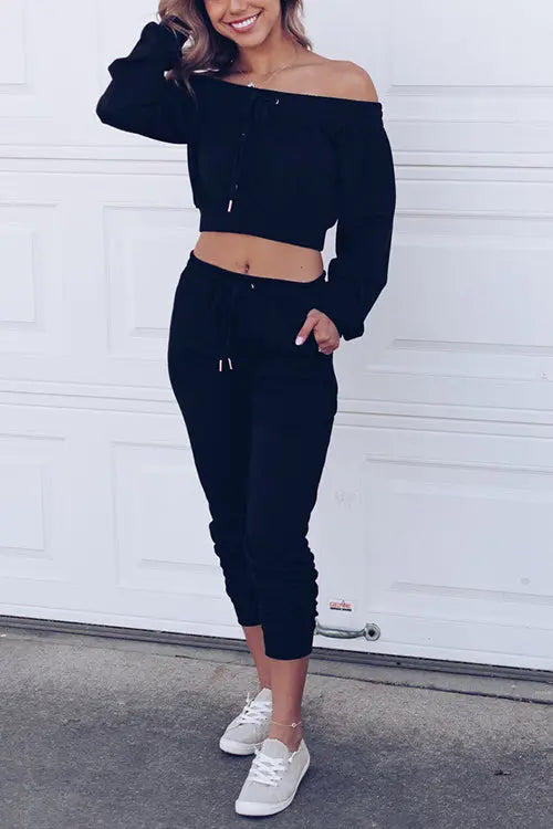 Off Shoulder Drawstring Crop Jogger Pants Set - Fashionpara