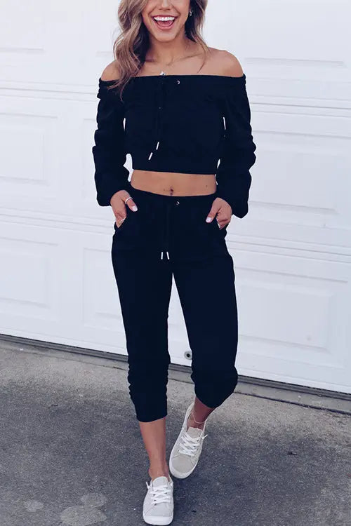 Off Shoulder Drawstring Crop Jogger Pants Set - Fashionpara