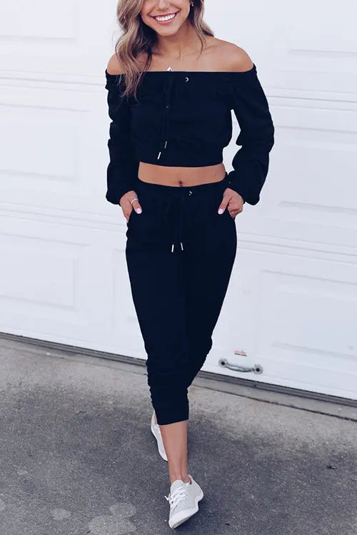 Off Shoulder Drawstring Crop Jogger Pants Set - Fashionpara