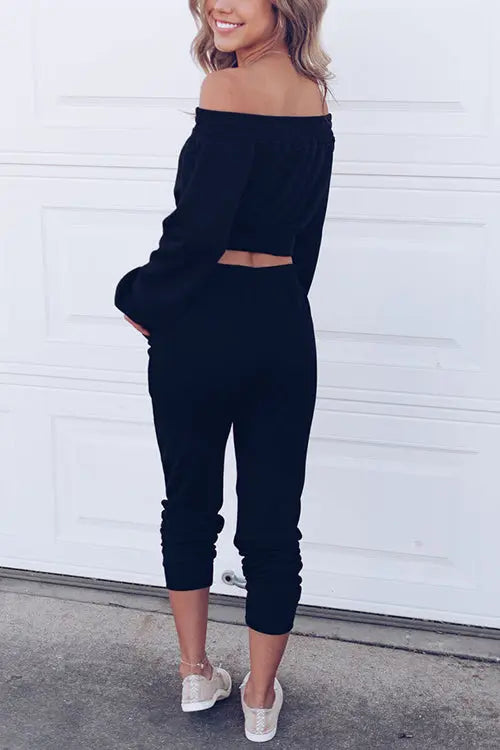 Off Shoulder Drawstring Crop Jogger Pants Set - Fashionpara
