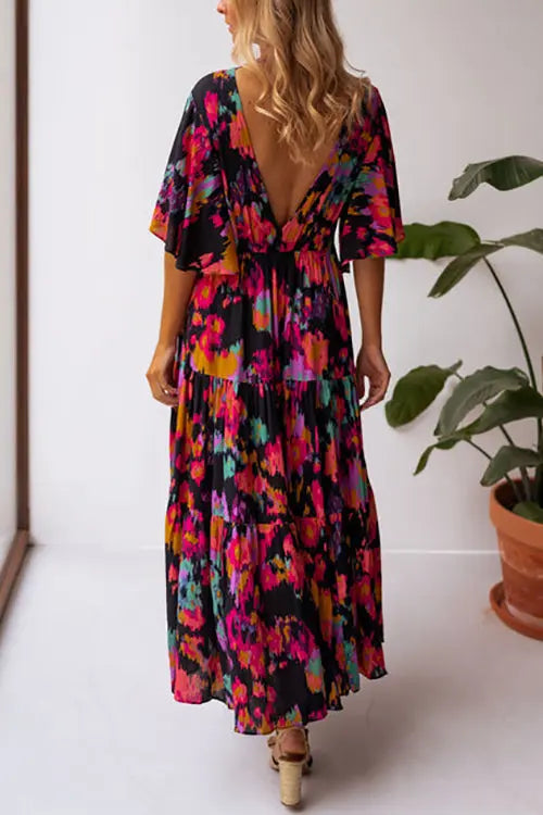 V Neck Floral Bat Maxi Dress - Fashionpara