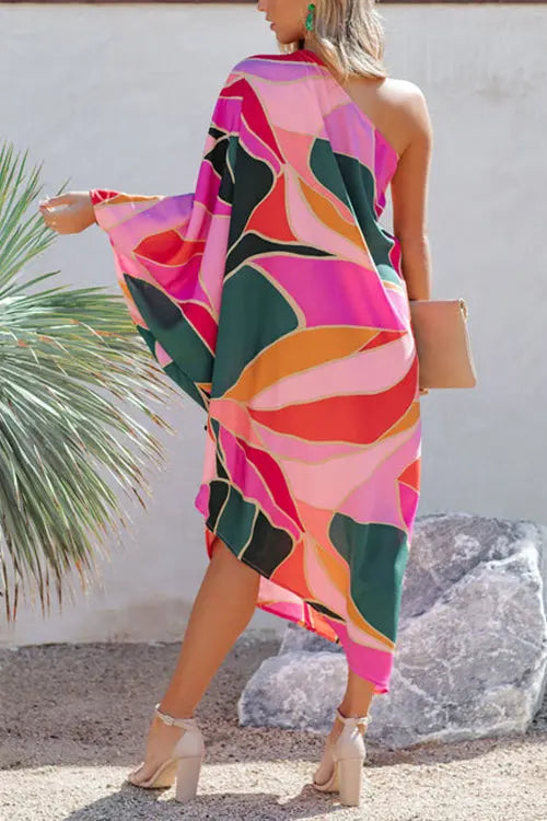 Multi Print Asymmetrical One Shoulder Dress - Fashionpara