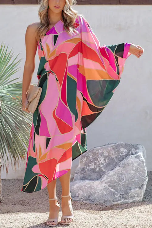Multi Print Asymmetrical One Shoulder Dress - Fashionpara